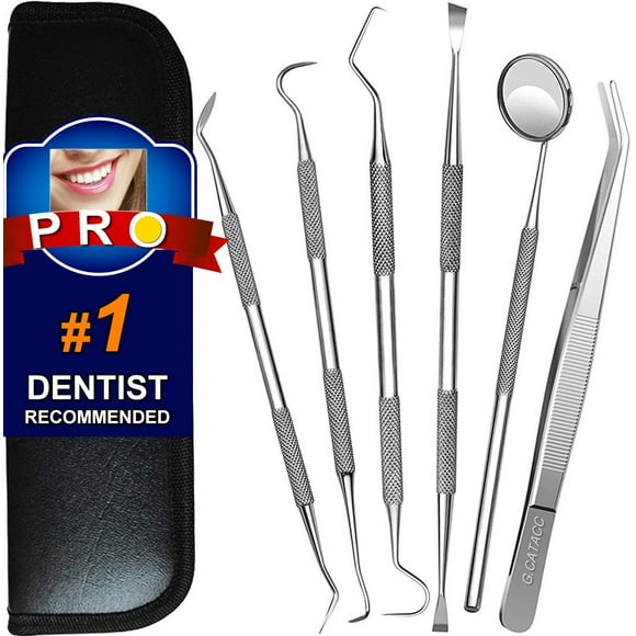 Dental Tools, 6 Pcs Stainless Steel Teeth Cleaning Tools Tartar Remover Tooth Plaque Scraper Dental Pick Dental Hygiene Tools Set with Mouth Mirror, Tweezer Kit for Dentist, Family Oral Care, Dogs