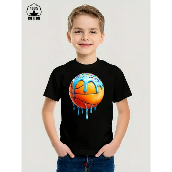 Ice Cream With Basketball Novelty Graphic Kid T-Shirt Casual  Style With 100% Cotton Fabric,Suitable for Boys And Girls,Size From 3T-13Y,Ideal Gift for Kids