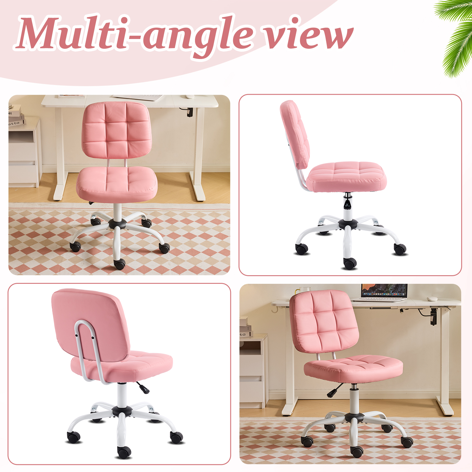 Ktaxon Armless Office Chair with Star Base PU Swivel Task Chair with 9-Grid Design for Study Room or Dressing Area Pink