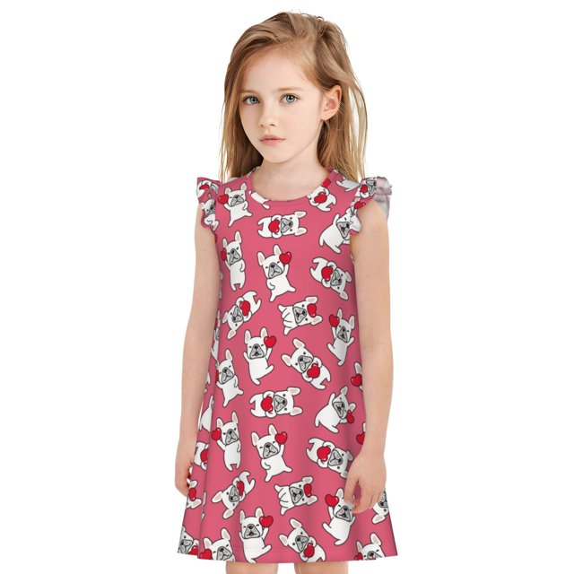 Balery French Bulldog Camisón de princesa para niñas, pijama de algodón con mangas abullonadas, suave y bonito.-Large
