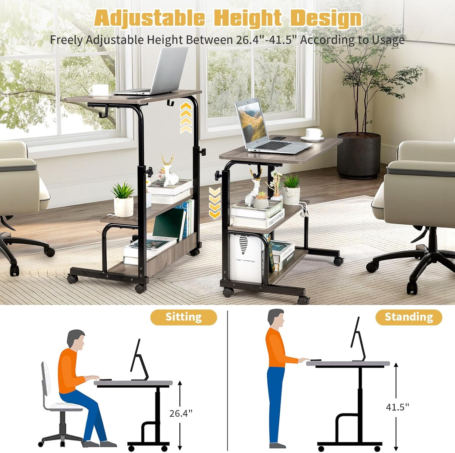 FCH 31.5" Mobile Small Standing Desk, Adjustable Height Mobile Computer Desk, w/2 AC Outlets + 3 USB Ports & Hooks, Storage Shelves, Suitable for Gaming, Studying, Home Office, Gray