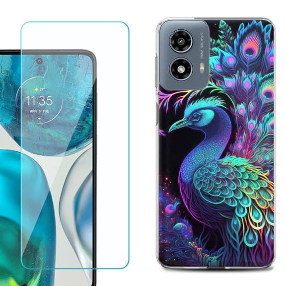 OneToughShield ® Shockproof Phone Case Compatible with Motorola Moto G Power 5G 2024, with Tempered Glass Screen Protector - Neon Peacock