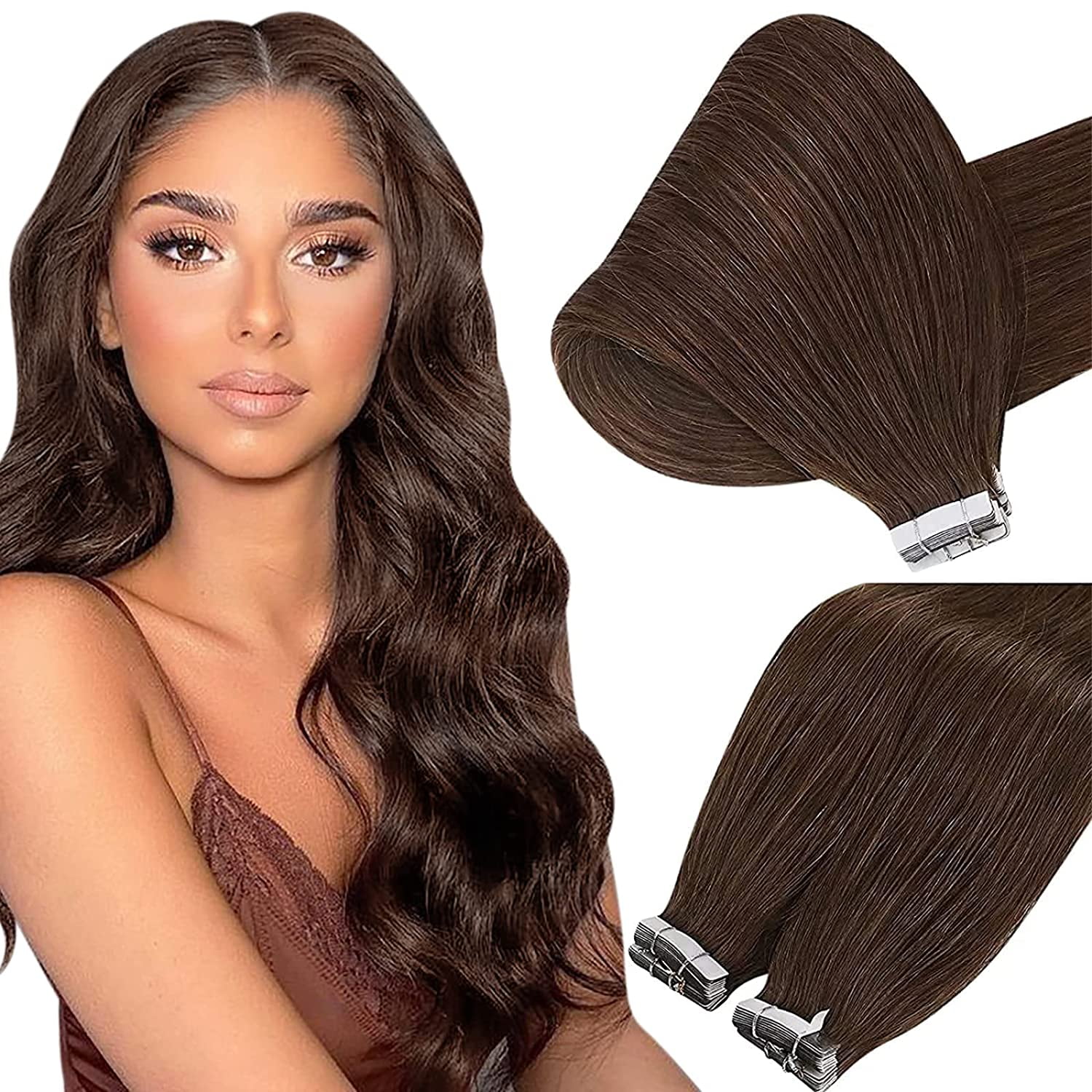Sunny Tape in Hair Extensions Real Human Hair 20Pcs Seamless Remy Medium  Brown Skin Weft Hair 20 inch 50g 