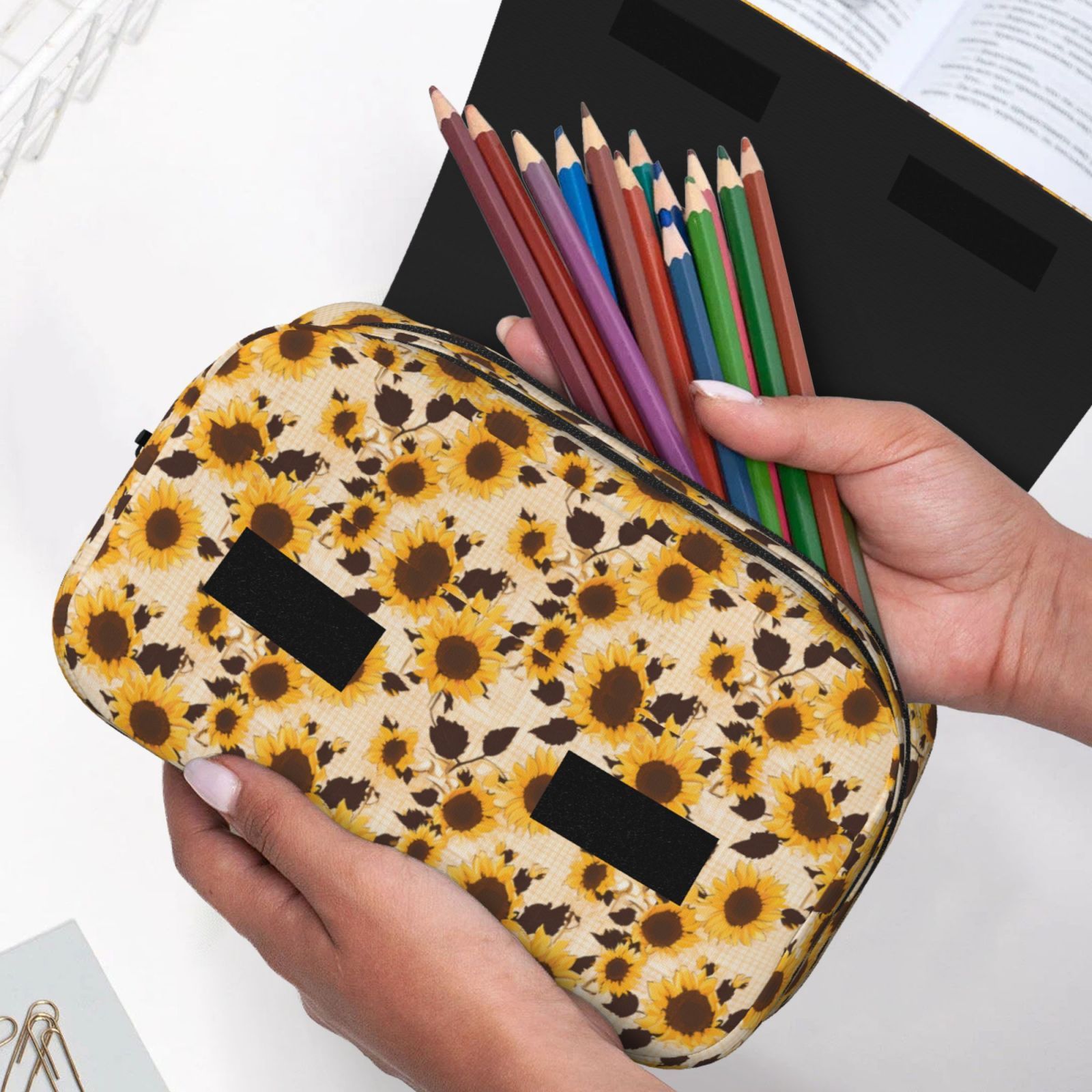 Rateoe Vintage Plaid Cute Sunflower Pattern Double Clamshell Pen Case, Storage Organizer with Two Zipper Compartments– Holds Up to 50 Pencils & Pens