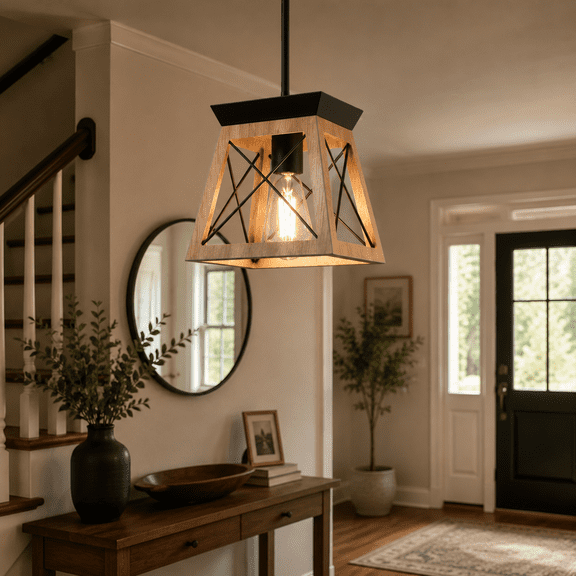 YANSUN 1-Light Wood Grain Lantern Metal Frame Pendant Light, Modern Farmhouse Basket Chandelier for Bedroom, Kitchen, Dining Room, Foyer