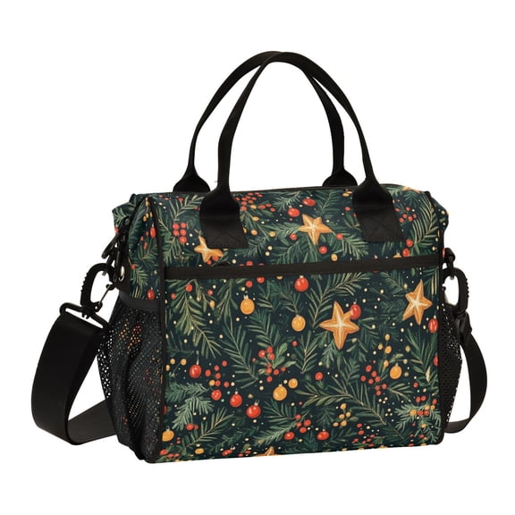 Ckdifva Christmas Leaves Stars Cooler Bag Cooler Cooling Tote Lunch Bag Lunch Box Front Pocket with Shoulder Strap