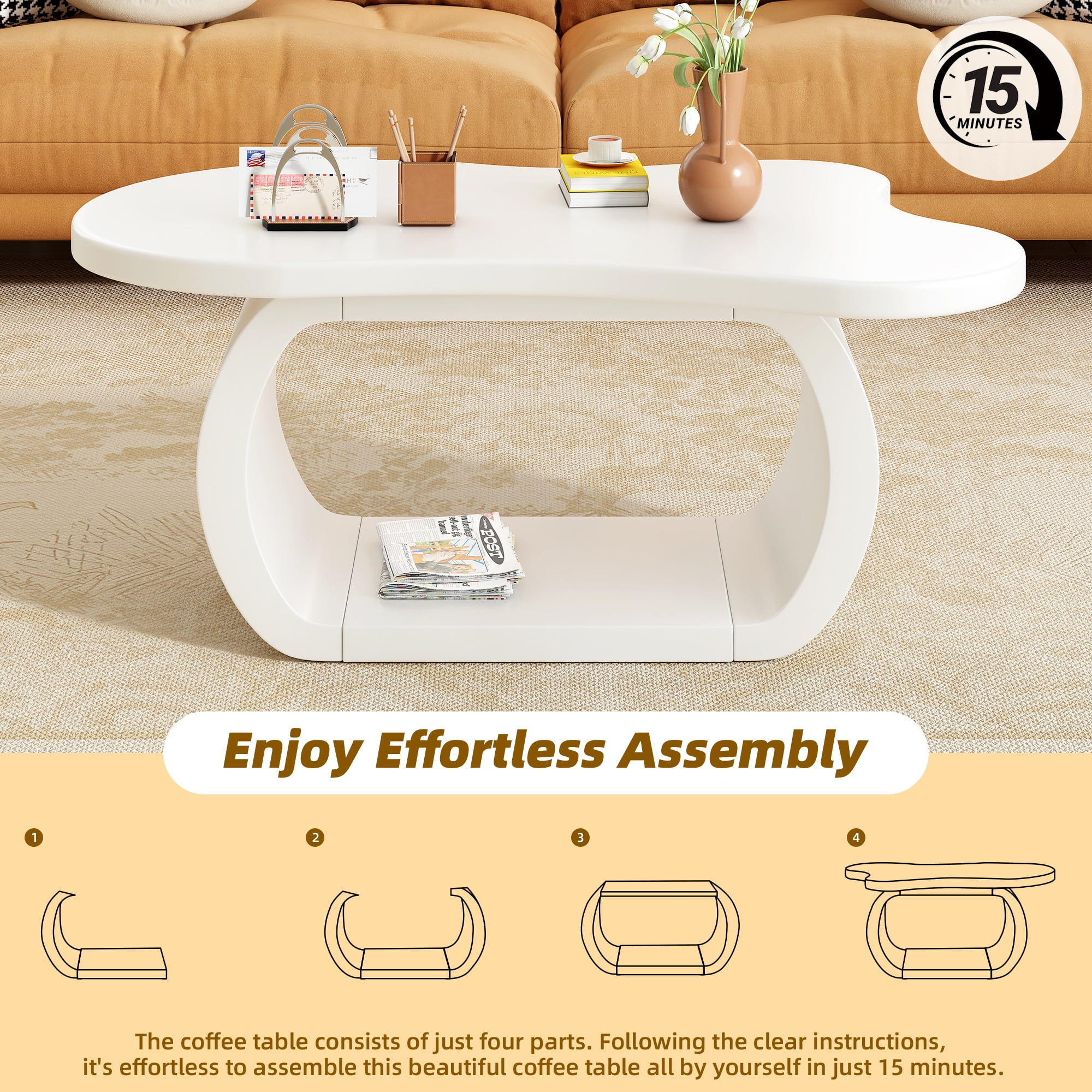 Euroco Charming Irregular-Shaped Coffee Table with Curved Legs, Cloud-Shaped Top, and Smooth MDF Surface – Compact & Easy Assembly for Living Room, Bedroom, or Balcony
