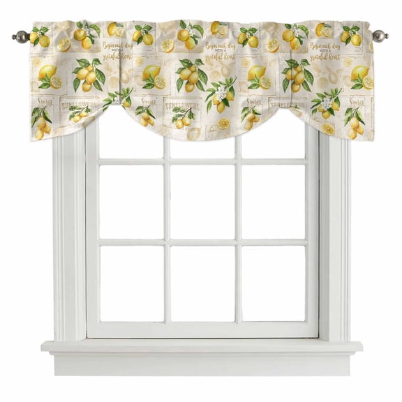 Summer Lemons Tie Up Valance Curtains for Windows, Kitchen Curtains Window Treatments, Retro Farmhouse Botanical Fruit Leaves Short Window Shades Valances for Bedroom Bathroom Cafe 42"x12"