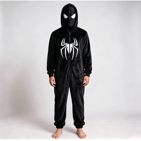 Halloween Spider Cosplay Flannel Onesie,Soft Fleece Hooded Pajamas Jumpsuit for Theme Party