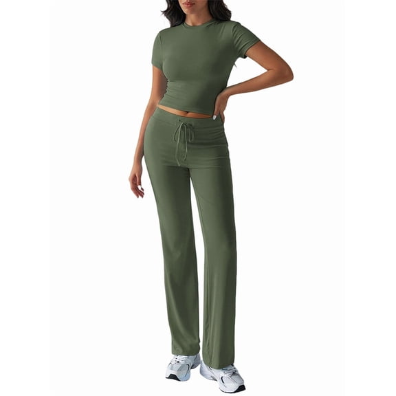 Women'S 2 Piece Lounge Sets Short Sleeve Tops Fold-over Flare Pants Casual Outfits Matching Set Green S