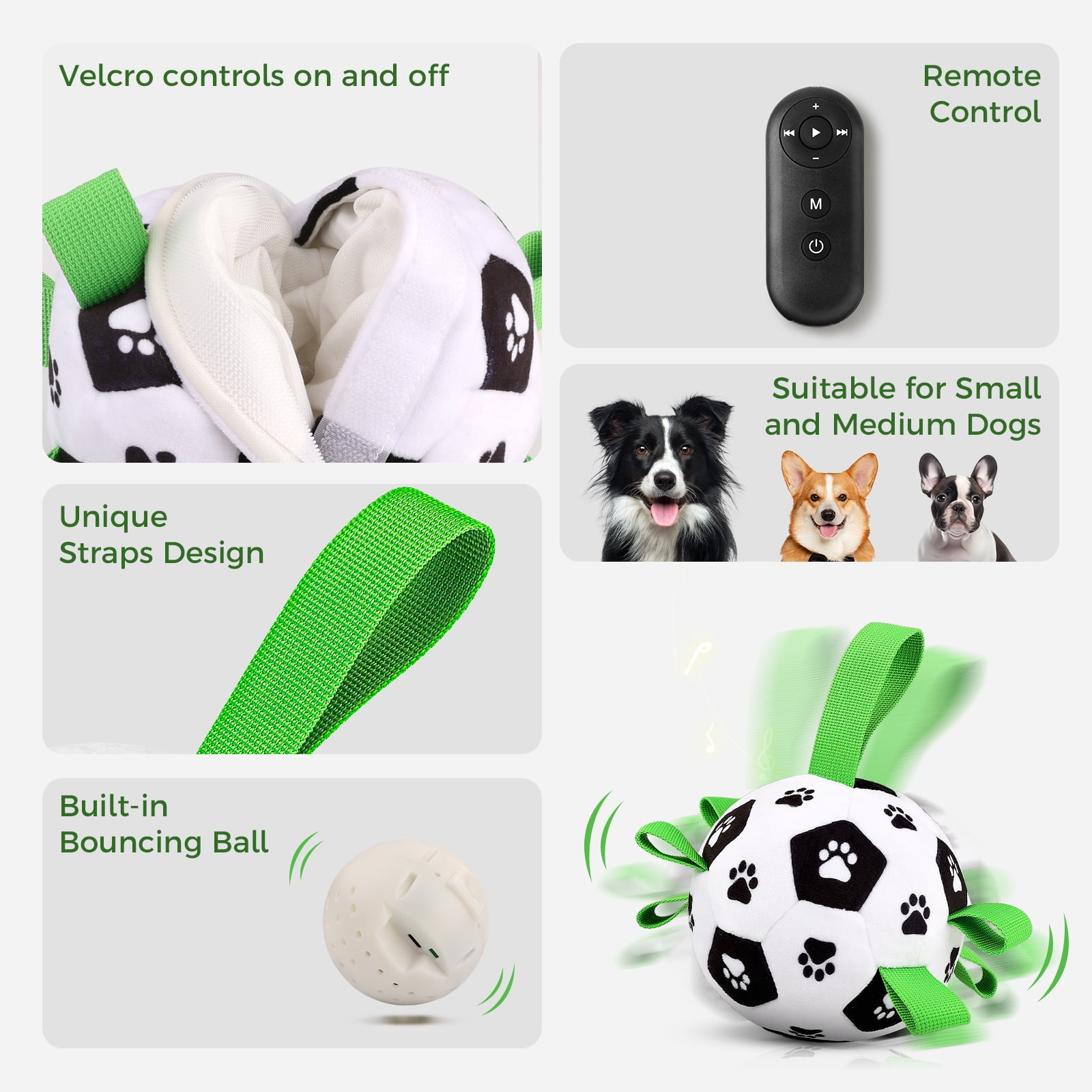 QDAN Smart Interactive Rechargeable Soccer Ball Dog Toy with Straps Remote Control & Music Mode for Small to Medium Dogs