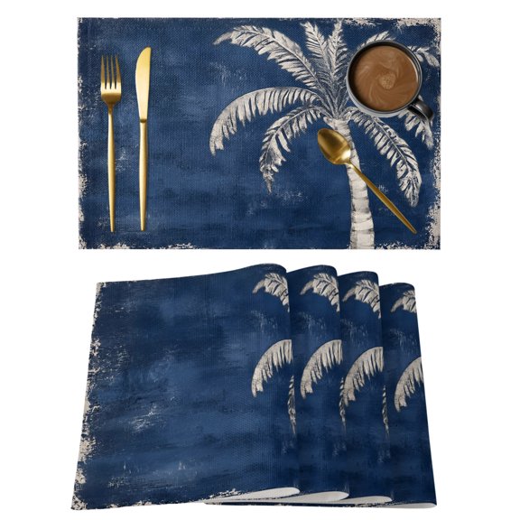 Coconut Palm Tree Placemats Set of 12, Coastal Tropical Botanical Weathered Blue Non-Slip Place Mats Washable Table Mats for Kitchen Dining Table Decorations Indoor/Outdoor