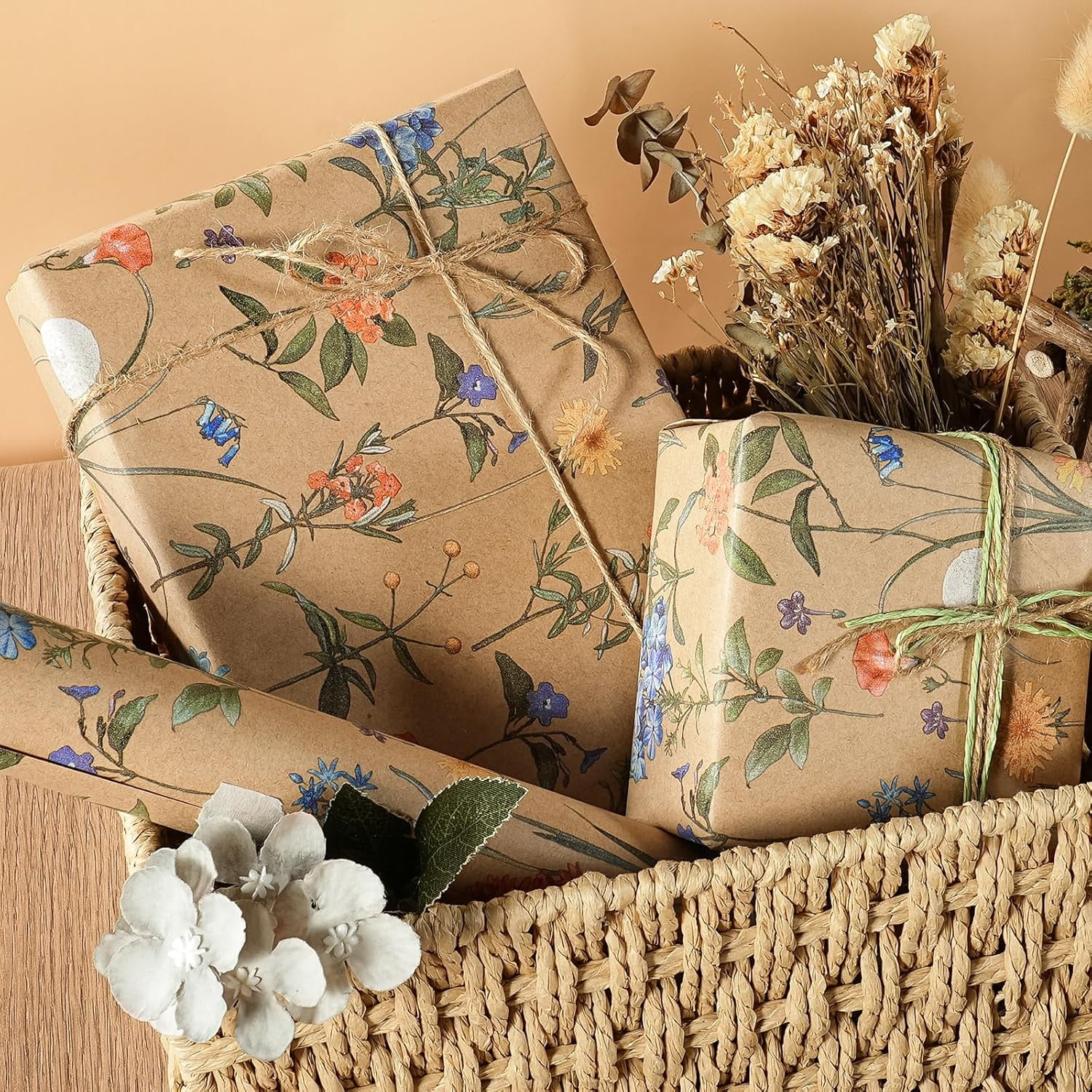 AllWays Plaza 30 Inch Kraft Floral Wrapping Paper Roll - 30 Inch x 33 Feet - Wildflower Wrapping Paper Perfect for Girls Women Birthday, Wedding, Bridal Shower