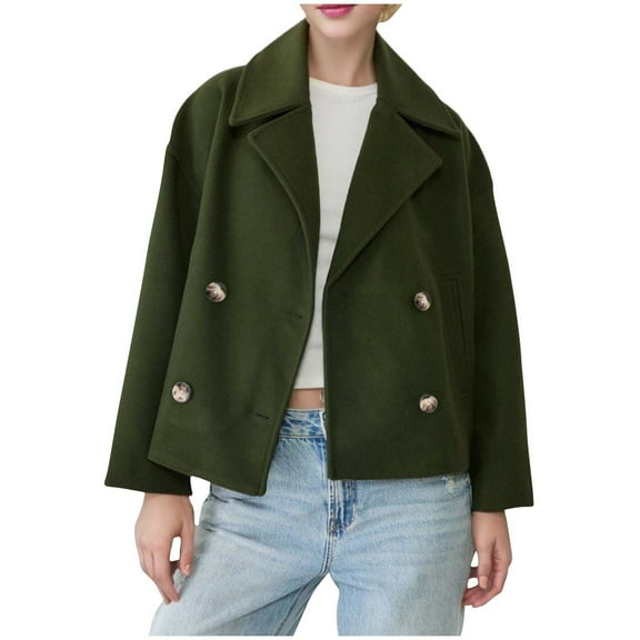 RYRJJ Women's Winter Cropped Wool Pea Coat Loose Fit Double Breasted Dressy Short Blazer Jacket Overcoat with Pockets(Army Green,S)