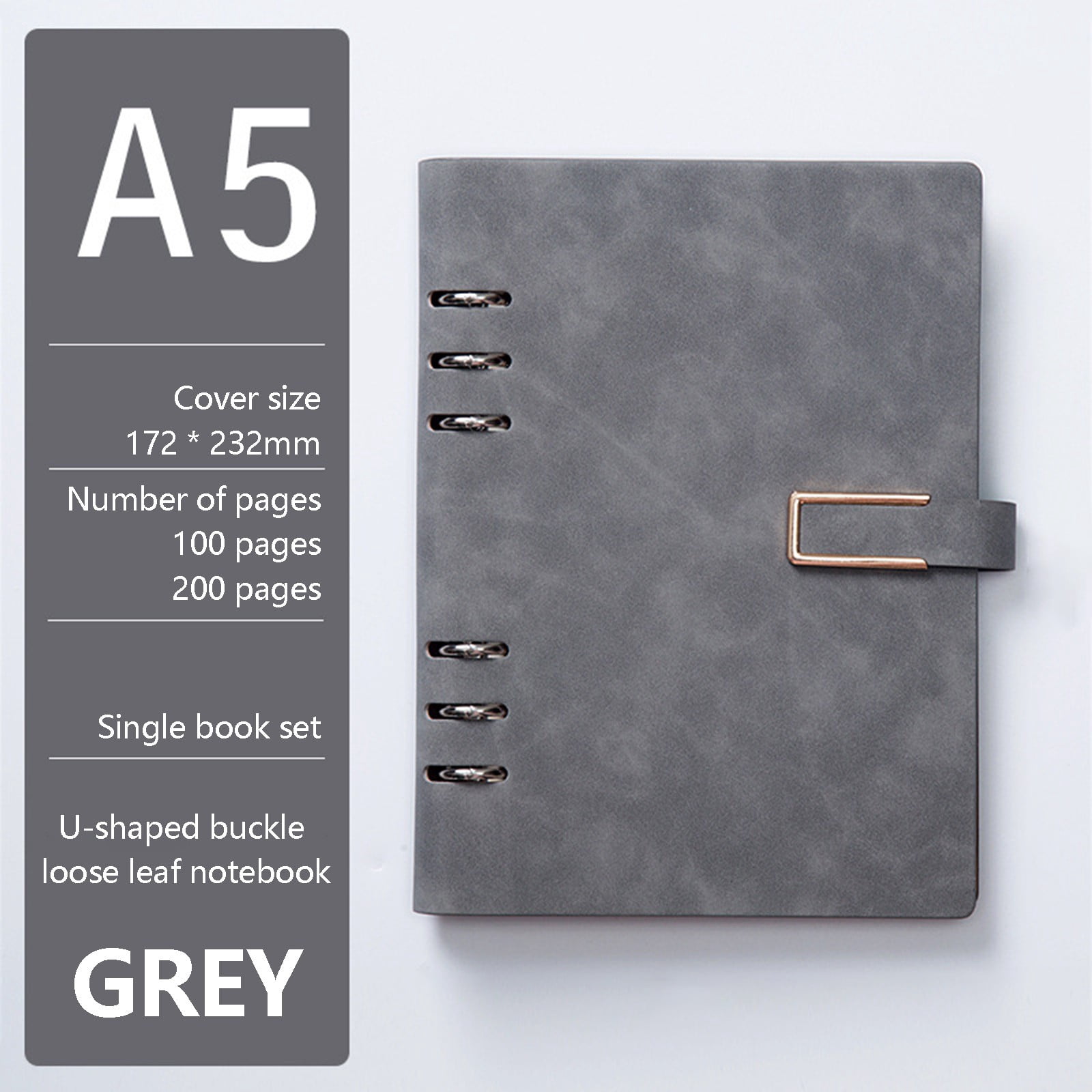 SLUOHZXI Refillable Leather A5 Loose Leaf Notebook With Clip, Loose Leaf Binder with 6 Ring，Hand-Crafted Leather Folio,9.13in×6.77in，Grey.
