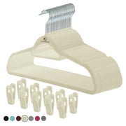Closet Accessories, Velvet Hangers, Ultra Slim Space Saving, notches, tie bar, Swivel Hook, with Matching Velvet Finger Clips. 10 Pack with 20 Clips. Ivory