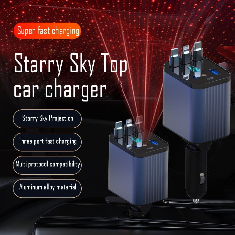 Starlight Retractable Car Charger with Aromatherapy, 5 in 1 Fast Charging 66W Car Phone Charger Adapter, USB C Car Accessories Compatible with iPhone 16/15/14/13/12/11 and,Grey/Black Random
