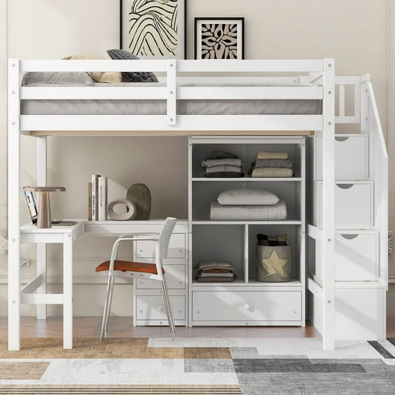Full Size Wood Loft Bed, Multifunctional Full Bed Frame with L-Shaped Desk and Drawers, Cabinet and Storage Staircase, White