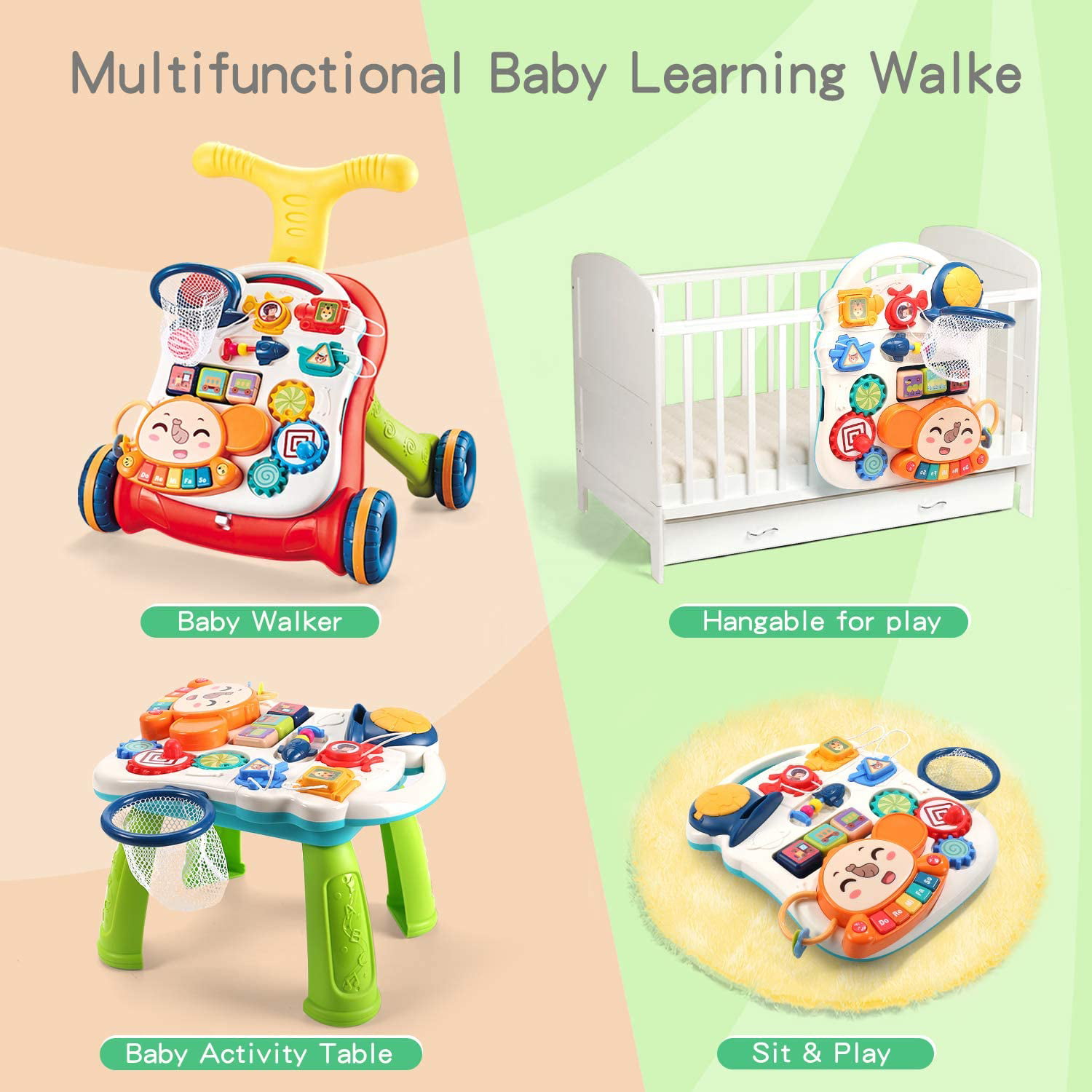 CUTE STONE Sit-to-Stand Learning Walker,3 in 1 Baby Walker,Kids Early Educational Activity Center,Multifunctional Removable Play Panel,Baby Music Learning Toy Gift for Infant,Boys,Girls 