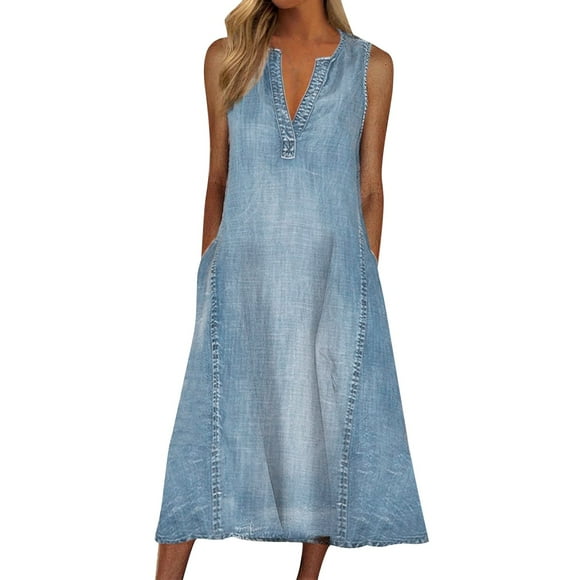Kcodviy Women Solid Dress V Women's Midi Dresses Neck Denim Dress Sleeveless Dress Casual Summer Loose Holiday Dress