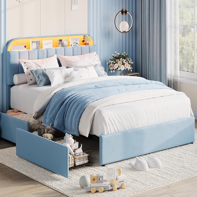YUSAZENS Full Size Velvet Upholstered Bed Frame with LED Light, MDF Structure 2 Underbed Storage Drawers, Floor Standing Soft Platform Bed No Box Spring Needed, Blue