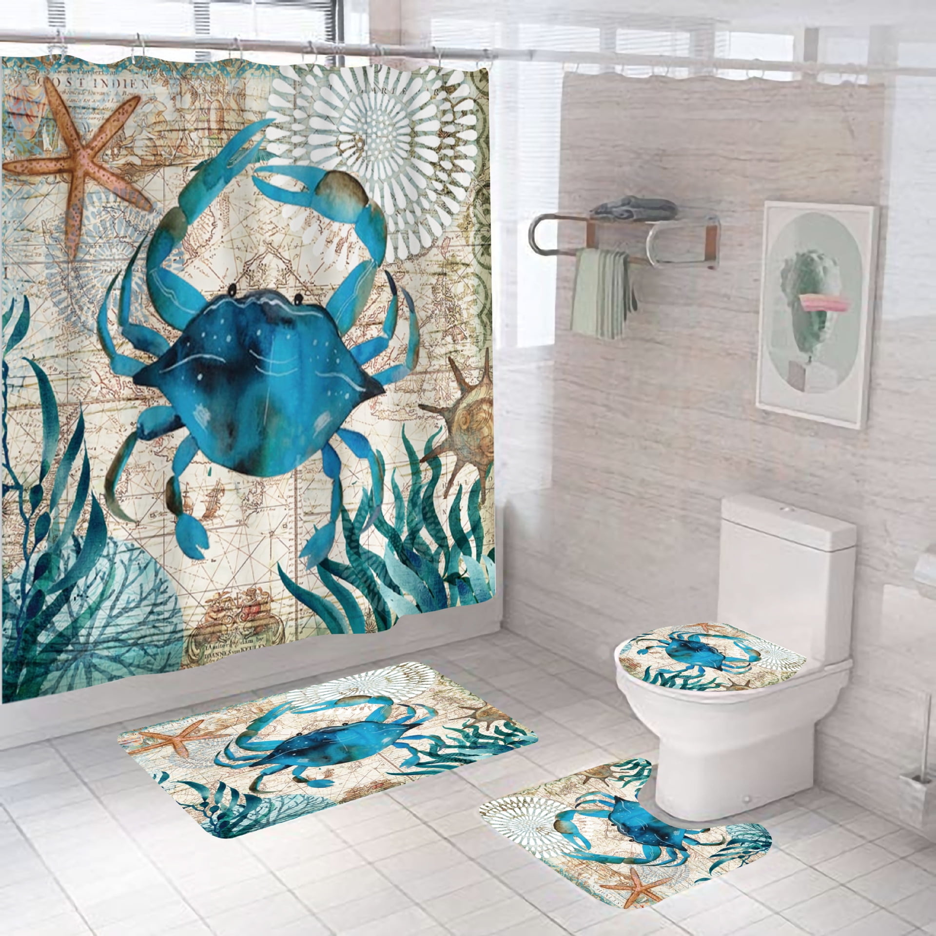 Bathroom Decor Waterproof Fabric Shower Curtain Set Hooks Sea Octopus Tentacles 