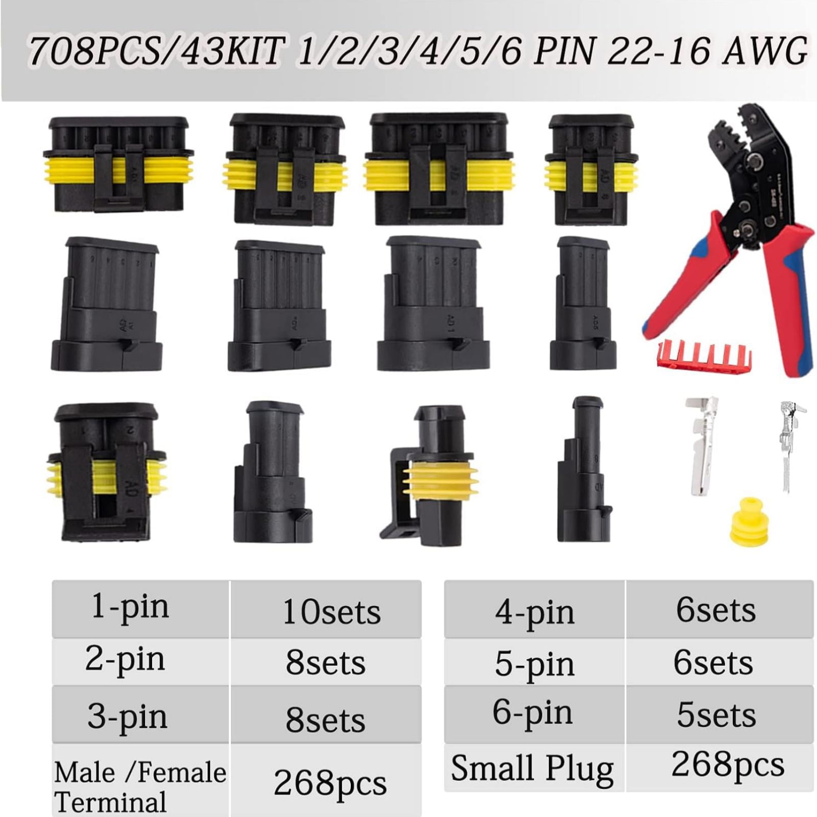 CSYANXING Waterproof Electrical Wire Connector Automotive Kit 708 Pcs 1-6 Pin 22-16 AWG Plugs Terminals Seals and Crimp Tool Set