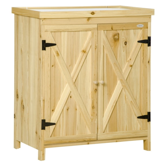 Garden Storage Cabinet, Outdoor Tool Shed with Galvanized Top and Two Shelves for Yard Tools or Pool Accessories, Natural