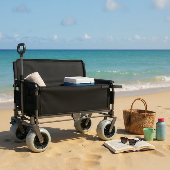 Olurrisa Folding Wagon with Bench Seat & 500 lbs Capacity-3-in-1 Collapsible Utility Cart with All-Terrain Beach Tires for Camping, Beach, Groceries, Outdoor, Black