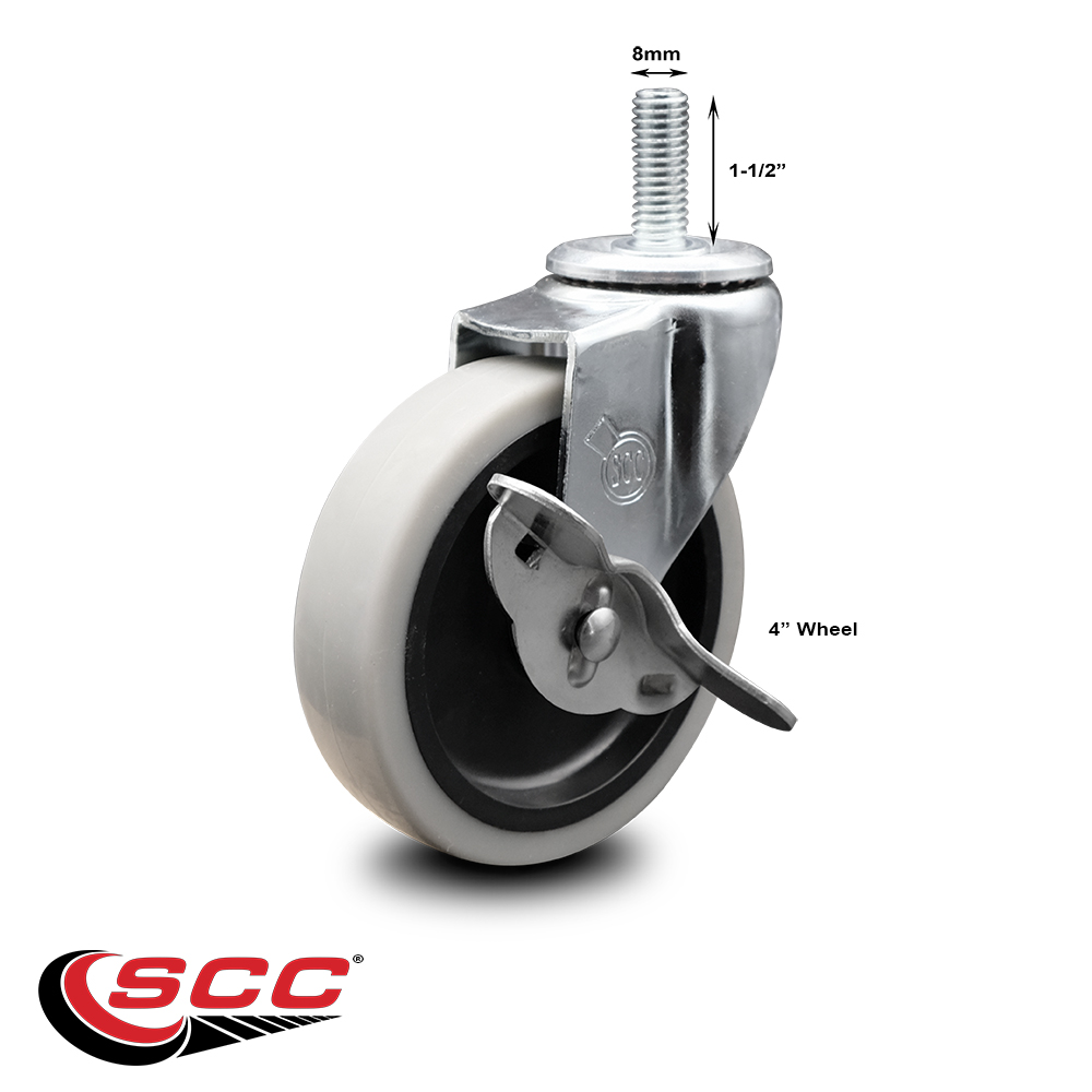 4 Inch Thermoplastic Rubber Wheel 8mm Threaded Stem Caster with Brake SCC