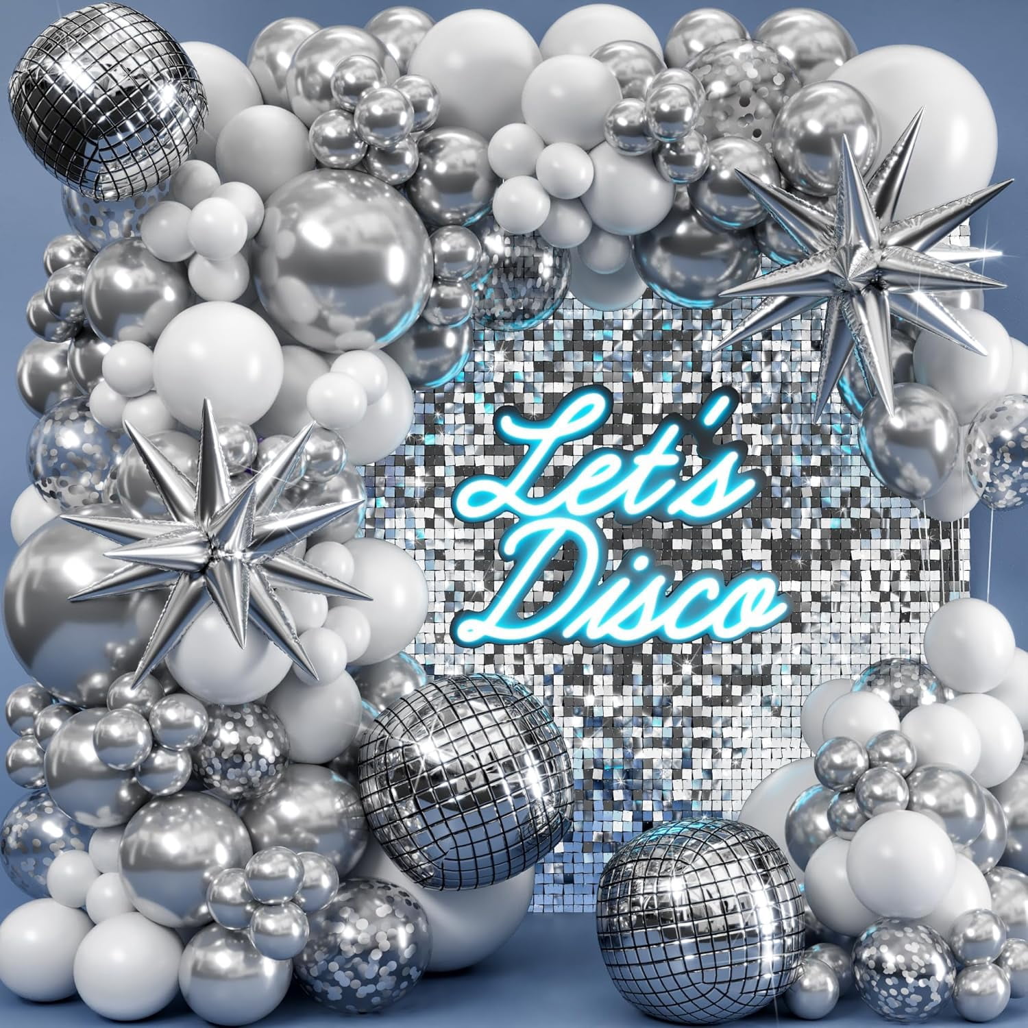 Disco Balloon Arch Kit With Ball Garland For Party Decorations Silver And White Balloons