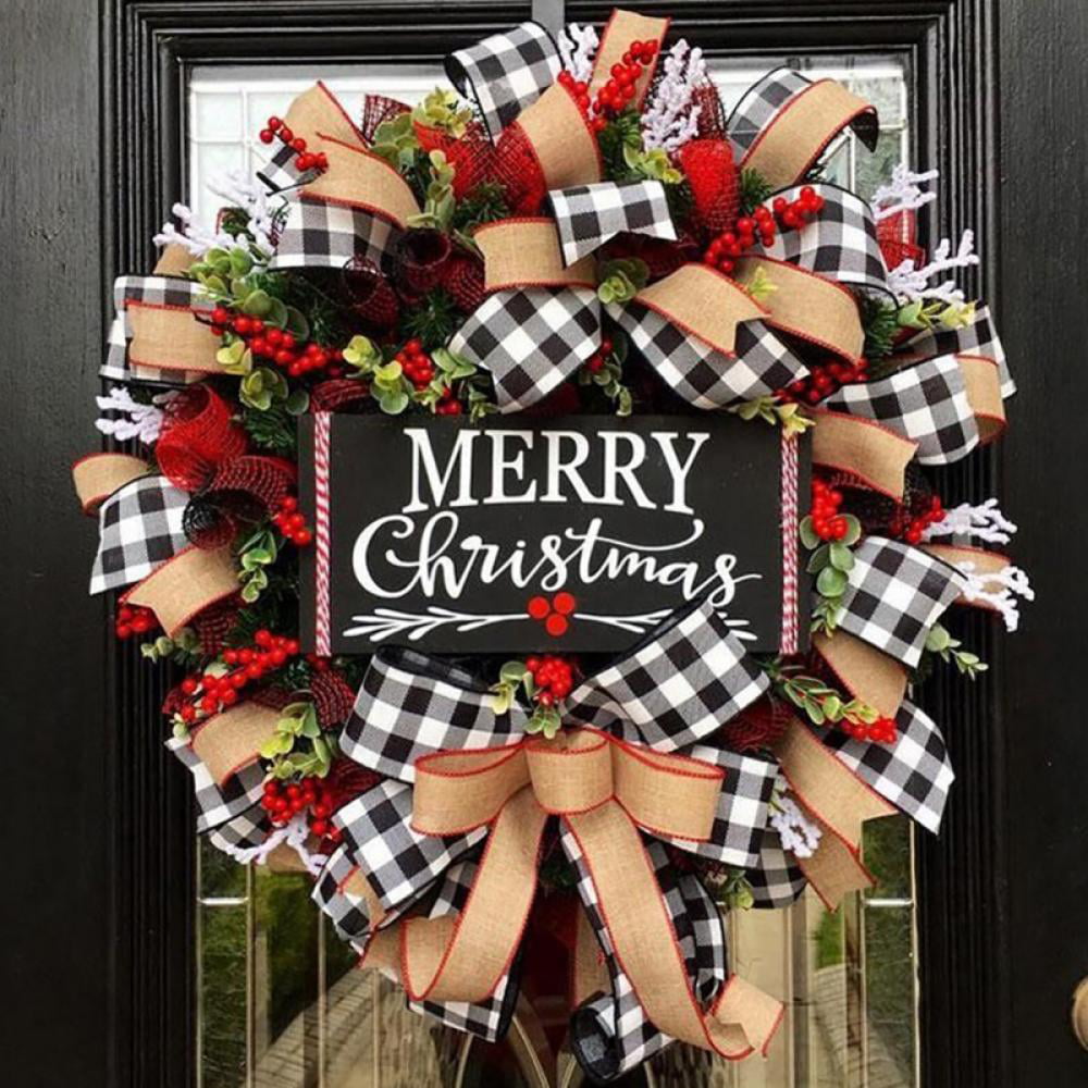 Farmhouse Black and White Buffalo Check Square Christmas Door Wreath Decor