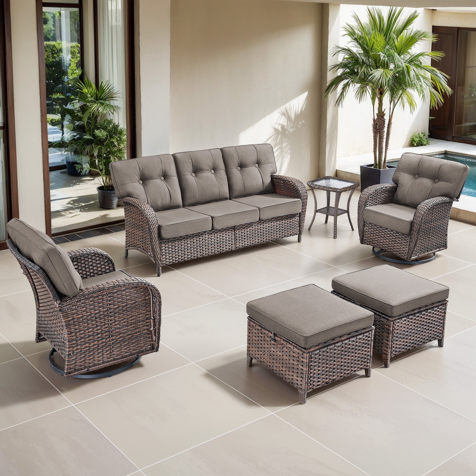Bellefurn Luxury 6 Piece Outdoor Patio Wicker Furniture Sets with Swivel Rocker Patio Chairs,Sofa and Ottomans,High Back Outdoor Conversation Set for Porch Balcony Deck