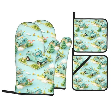 

Oven Mitts and Pot Holders Sets 4 pcs Retro green SUV car punk Non-Slip Oven Gloves Potholders Soft Quilted Lining Heat Resistant Gloves Hot Pads for Kitchen Cooking Baking