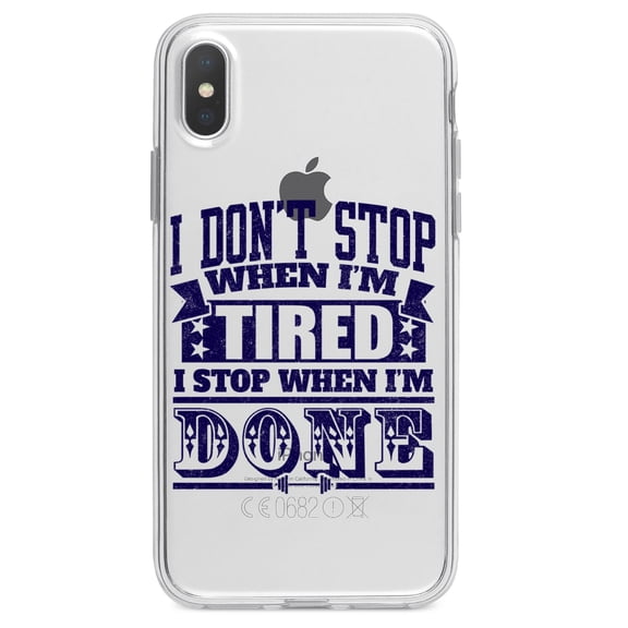 DistinctInk Clear Shockproof Hybrid Case for iPhone X / XS (5.8" Screen) - TPU Bumper Acrylic Back Tempered Glass Screen Protector - I Don't Stop When I'm Tired When I'm Done