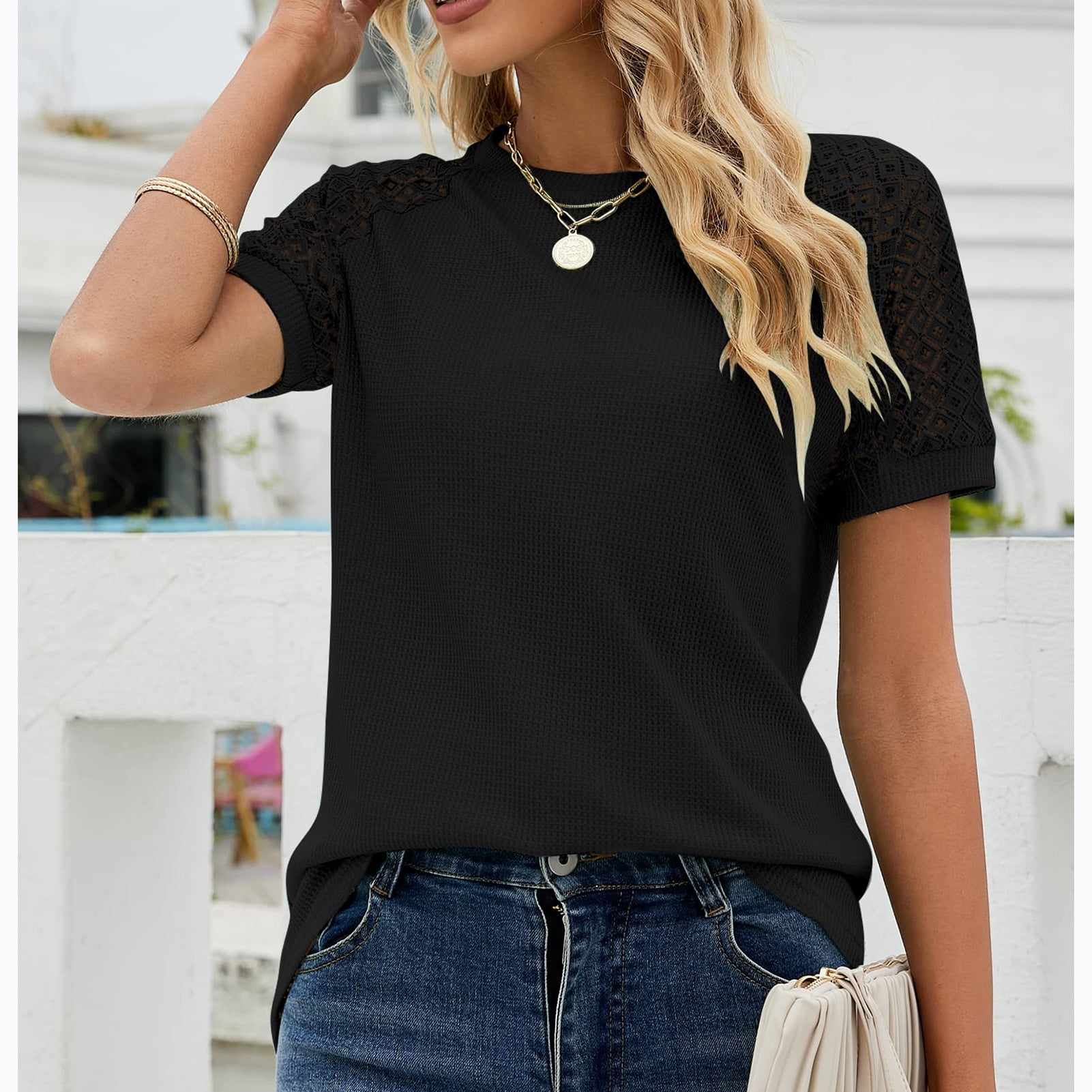 Waffle Knit Lace Short Sleeve 