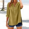 thumbnail image 2 of WTOBBY Women's V-Neck Button Down Casual Shirt, Solid Color Long Sleeve Split Hem Blouse Top, Cotton Linen Blend Lightweight Fabric for Daily Wear,Yellow S, 2 of 6