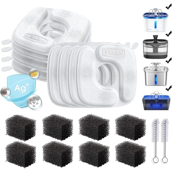 Veken Cat Water Fountain Filters, 8 Pack Replacement Filters & 8 Pack Replacement Pre-Filter Sponges Set for 85oz, 95oz, 108oz Automatic Pet Fountain Dog Water Dispenser