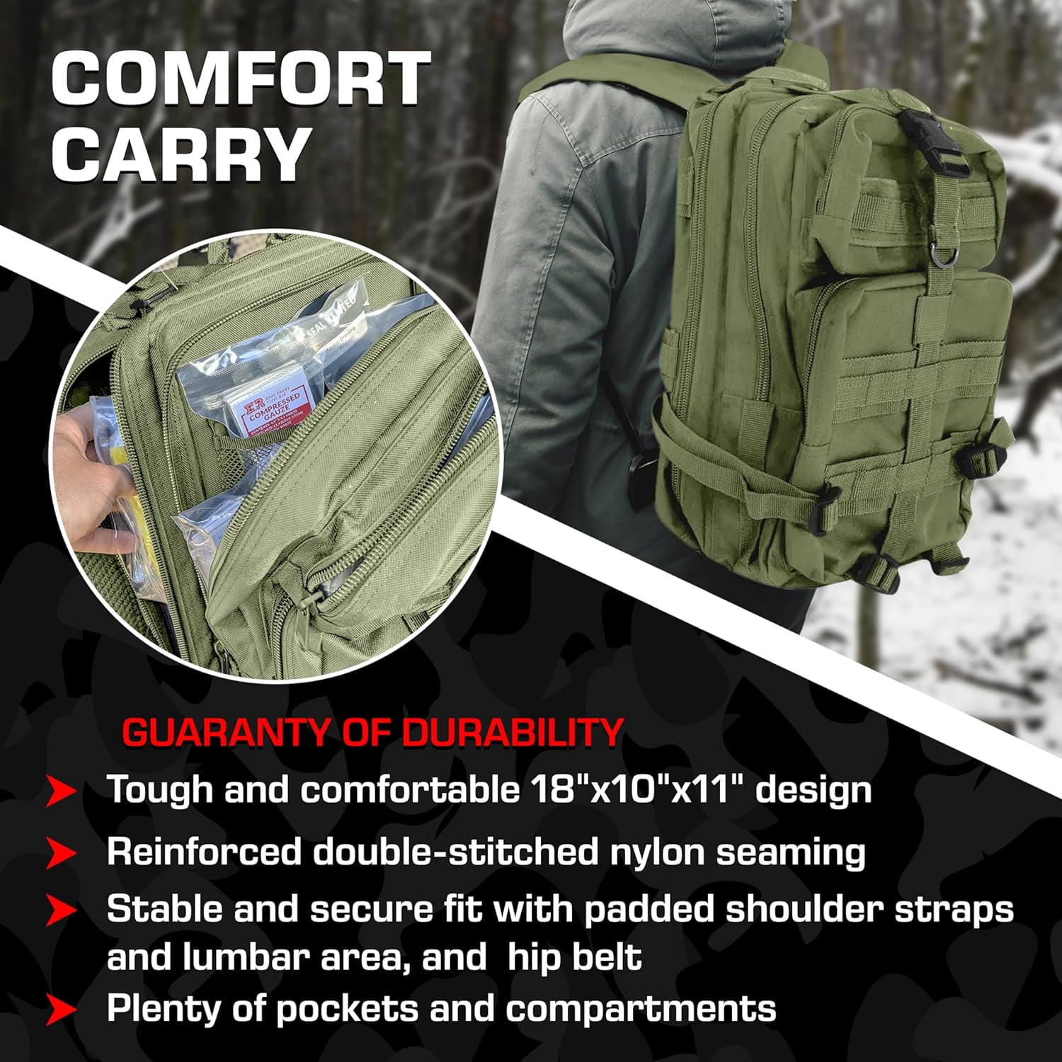 MEDITAC Rucksack Trauma Kit Feat. Tight Bandage, Chest Seal, Israeli Bandage and Gauze Dressing – Olive Drab