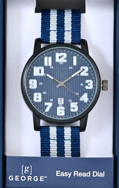 George Men's Black Round Watch Case with Eazy Read Dial, Date Feature & Navy Pinstripe Nylon Strap. 44MM