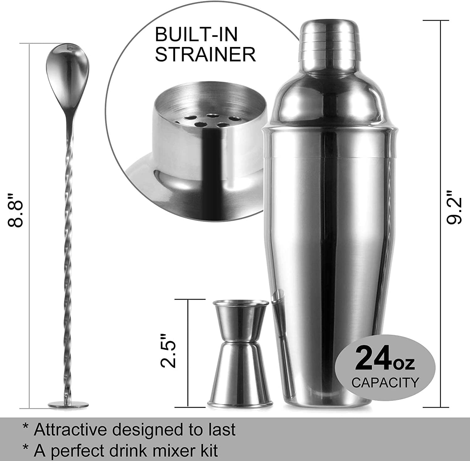 Arora 21oz Double Wall Stainless Steel Cocktail Shaker with Insulated Design and Built-in Strainer,Margarita Mixer Drink Shaker for Bartending Home