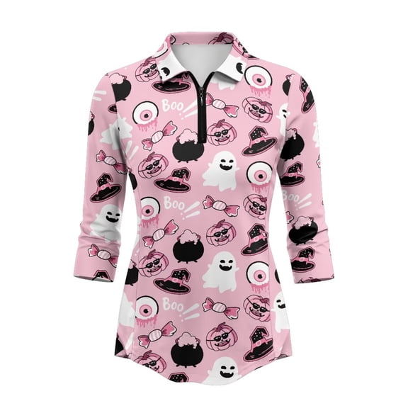 Aplkyhs Pink Halloween Theme Women Sport Shirts 3/4 Sleeve Cloth Workout Tennis T-Shirts Quarter Zip Machine Washable for Golf,Tennis,Hiking,Running,Gym