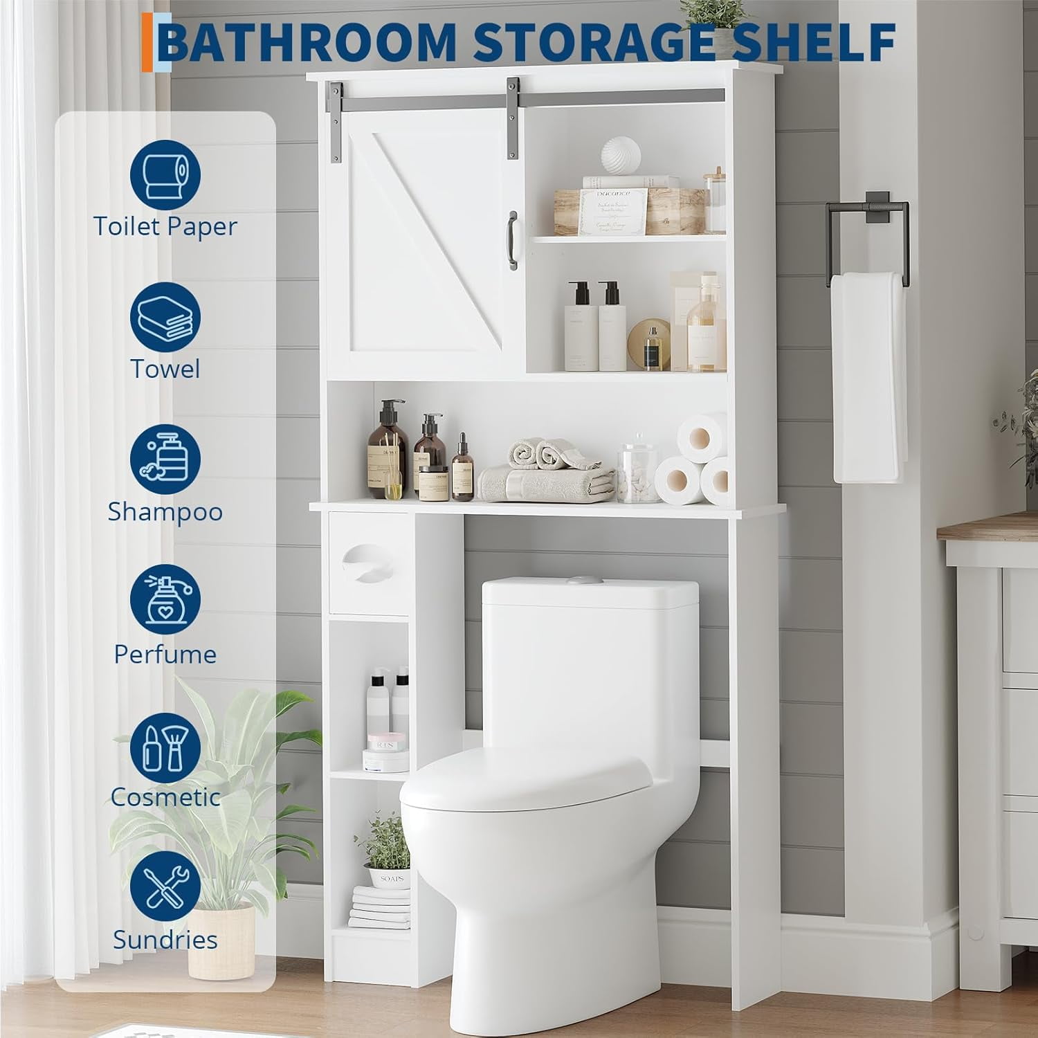 Over the Toilet Storage Cabinet with Farmhouse Sliding Barn Door Above Toilet Organizer Toilet Paper Holder Behind Toilet Shelf with  Adjustable Shelf for  Bathroom,Laundry Space Save