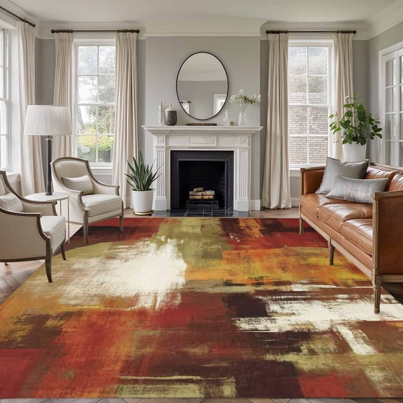 Area Rug for Living Room, Burnt Orange Non-Slip Indoor Large Carpet for Bedroom/Dining Room, Fall Modern Oil Painting Abstract Art Green Brown Low-Profile Rectangle Floor Runner Rugs - 5 x 8 Ft