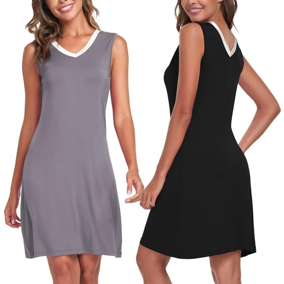 MAYFISH Womens Bamboo Rayon Nightgowns Sleeveless Cooling Nightshirts Soft V Neck Tank Sleep Shirts S-XXL(Black&Grey, XL)