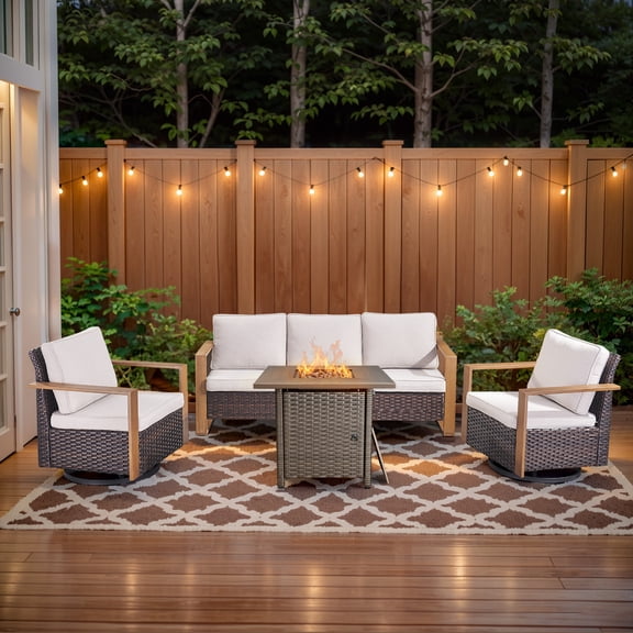 Gymojoy 4 Pieces Outdoor Patio Furniture Set with Fire Pit Table, 3-Seater Sofa and Swivel Rocking Chairs, Patio Conversation Sets for Porch Deck Garden Backyard