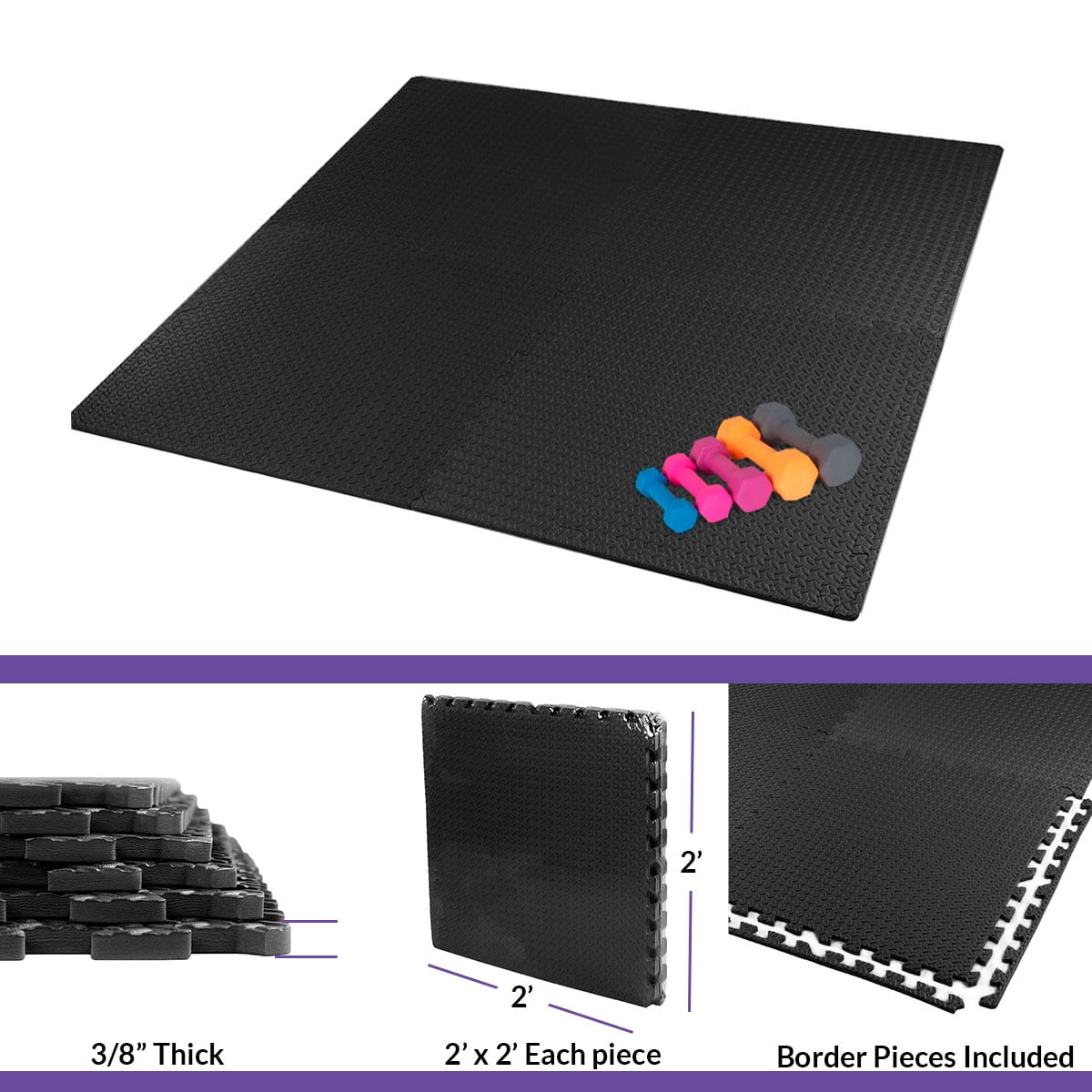 Xspec  3/8" Thick 100 Sq Ft Steel EVA Foam Floor Exercise Gym Mats 25 pcs, Black