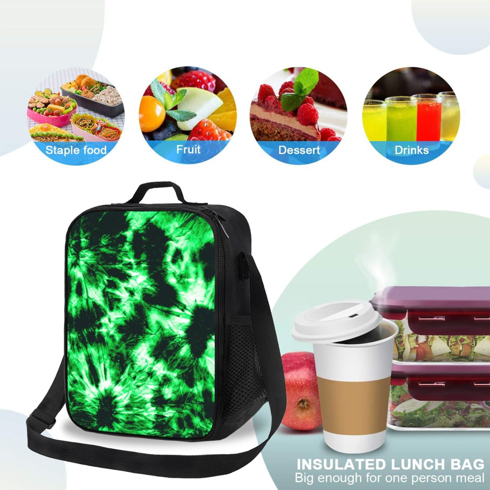 Defioc Green Tie Dye Print Lunch Box for Men & Women, Insulated Lunch Bag Thickened Thermal Leakproof Lunch Tote Bag for Adult Office Travel Picnic