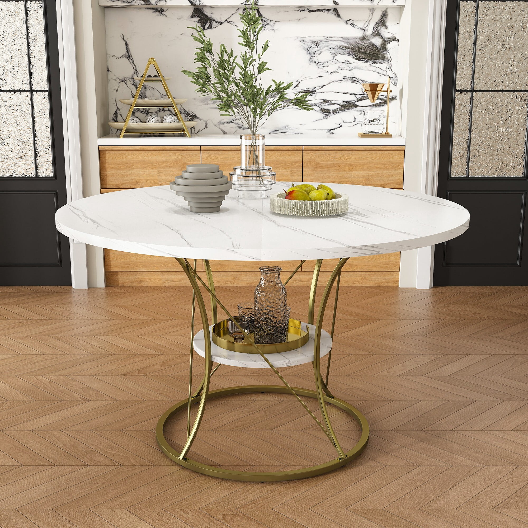 AENKYO 43"-59" Expandable Round Dining Table with Storage, White Marble Top & Gold Hourglass Metal Base, Seats 4-6