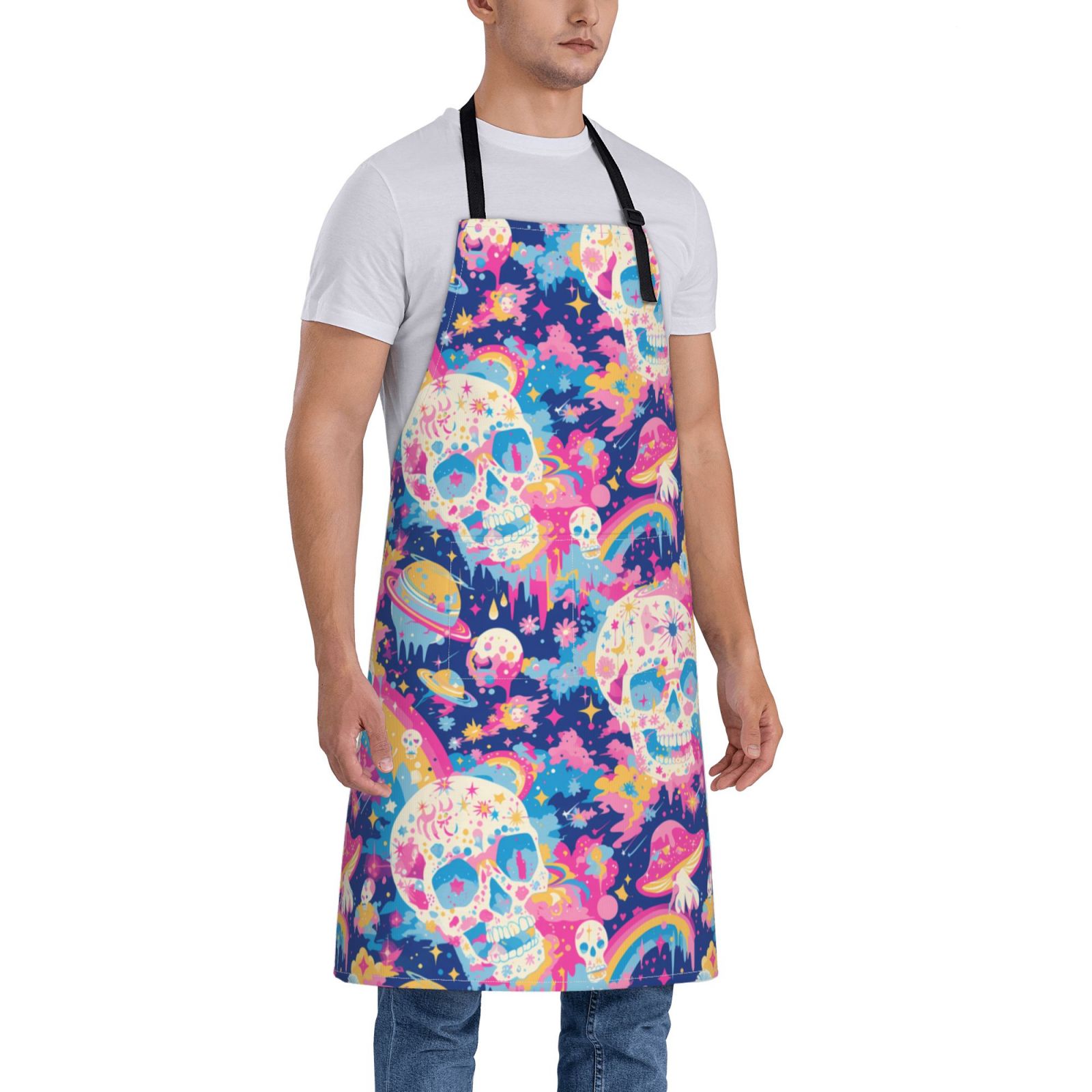 Kdxio Skull rainbow color space Apron with Pockets Adjustable Kitchen Aprons for Men Women Waterproof Aprons for Cooking,Drawing,Crafting, Baking Household Cleaning